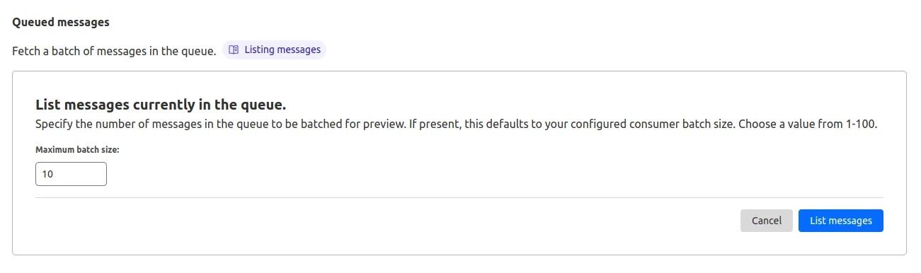 A form to configure how many messages are listed at a time, with a number input showing '10'