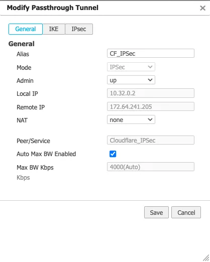 Modify Passthrough Tunnel dialog with General values