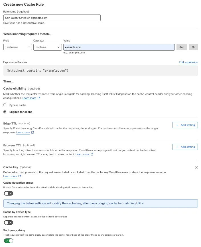 Cache rule matching the 'Query String Sort > On' setting of the example Page Rule